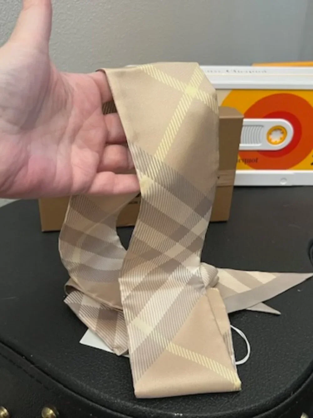 NWT Burberry Beige Check Silk Twilly Scarf Ribbon | Boxed Giftable - Picture 2 of 5